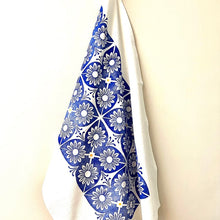 Load image into Gallery viewer, Block Printed Daisy Tiles Tea Towel