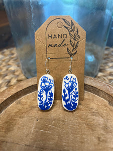 Oval Blue Floral Clay Earrings