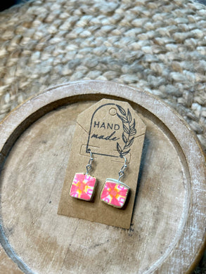 Pink Barn Quilt Clay Earrings