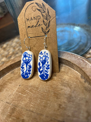 Oval Blue Floral Clay Earrings