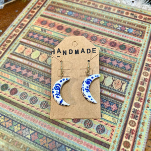 Blue + White Moons Clay Earrings