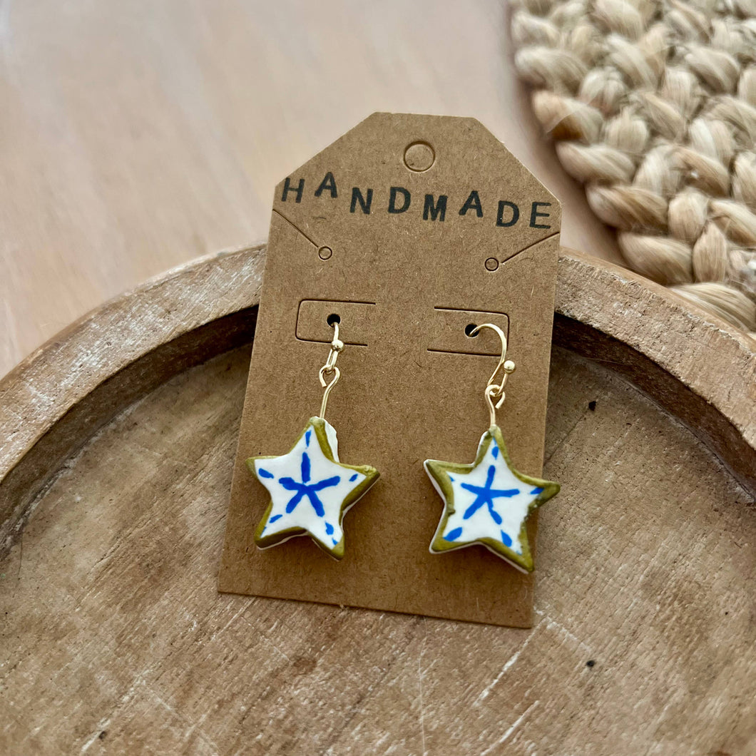Blue + White Stars Clay Earrings