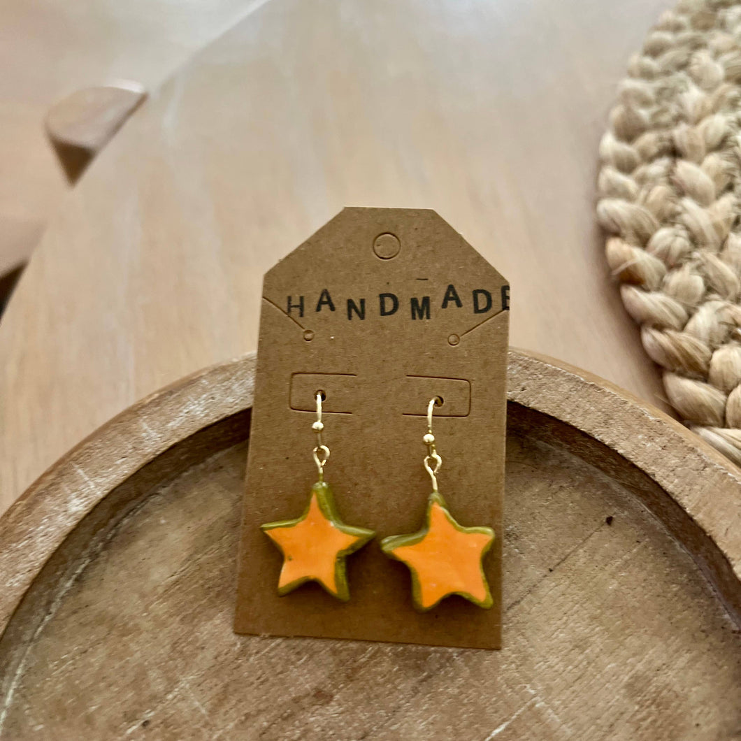 Orange + Gold Stars Clay Earrings