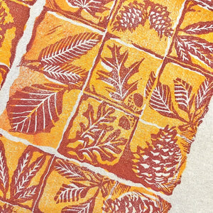 Block Printed Leaves + Pinecone Tea Towel