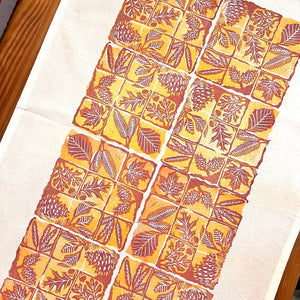 Block Printed Leaves + Pinecone Tea Towel