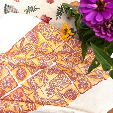 Block Printed Leaves + Pinecone Tea Towel