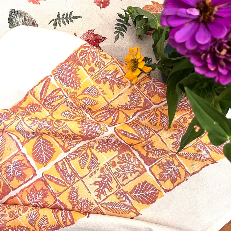 Block Printed Leaves + Pinecone Tea Towel