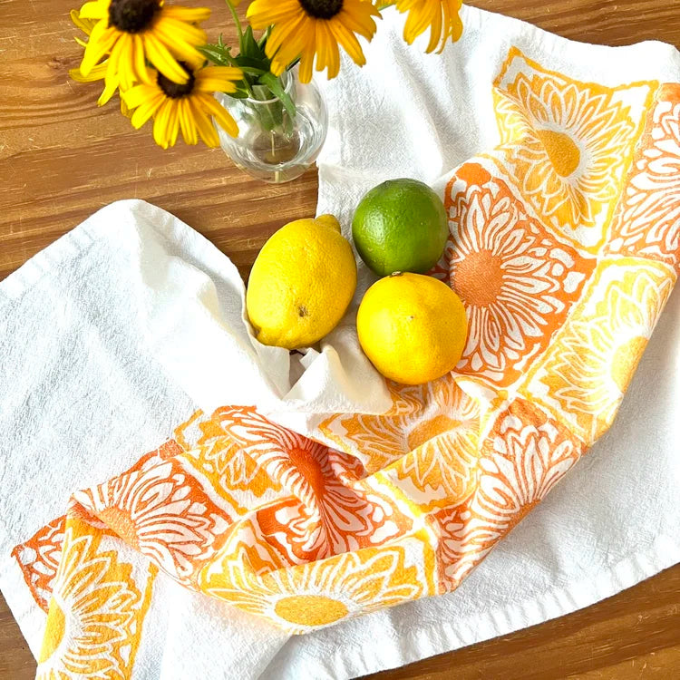 Block Printed Sunflower Tiles Tea Towel